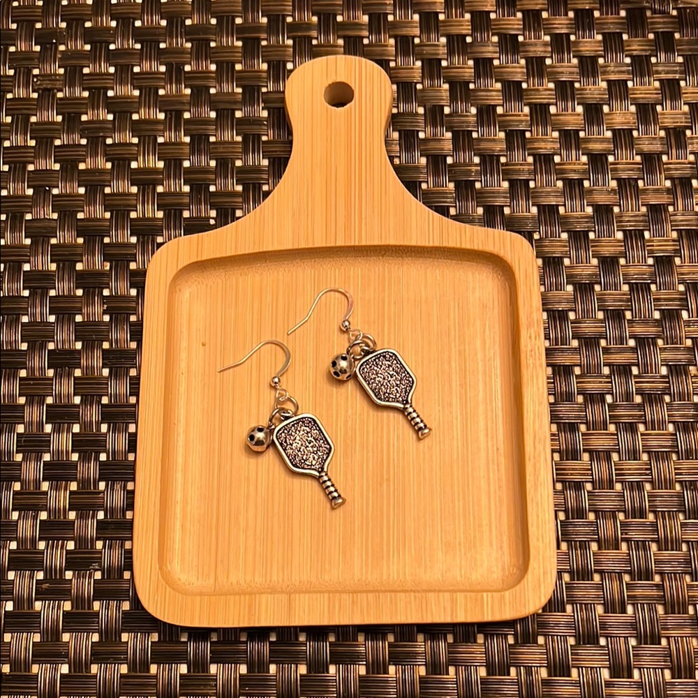 Silver Pickleball Paddle Earrings - Picture 2 of 4
